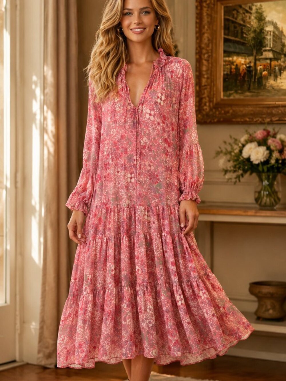 EUC Free People Feeling Groovy Pink Floral Boho Style Maxi Dress Size XS